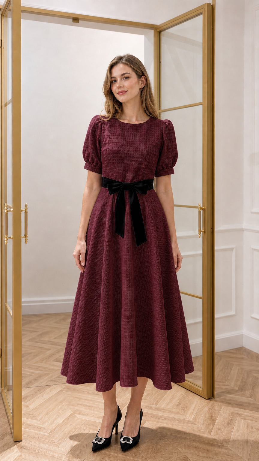 Burgundy wine textured puff sleeve midi dress with black velvet tie