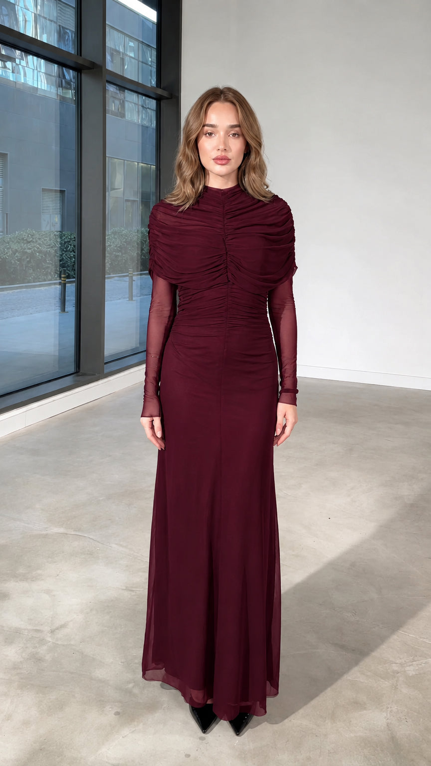 Front view of burgundy wine red ruched mock neck mesh sleeve maxi dress