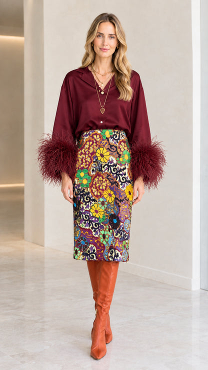Burgundy wine red satin blouse with feather-trimmed cuffs and floral midi skirt