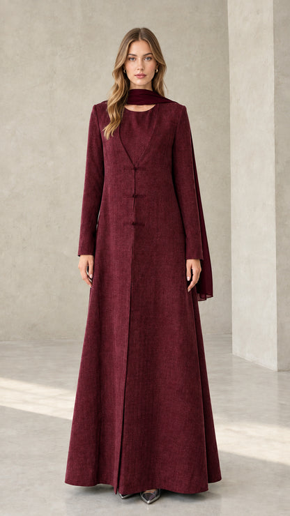 Burgundy wine red textured long sleeve maxi dress with matching scarf