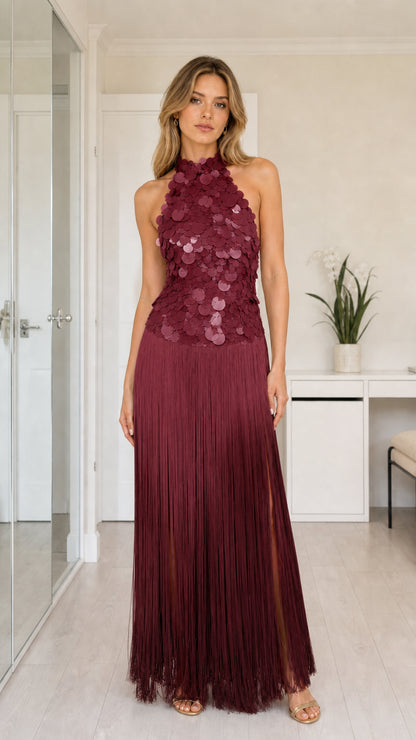 Front view of burgundy wine sequin paillette fringe maxi dress