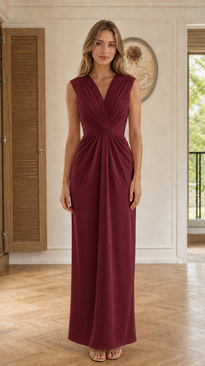 Front view of Burgundy sleeveless pleated V-neck maxi dress