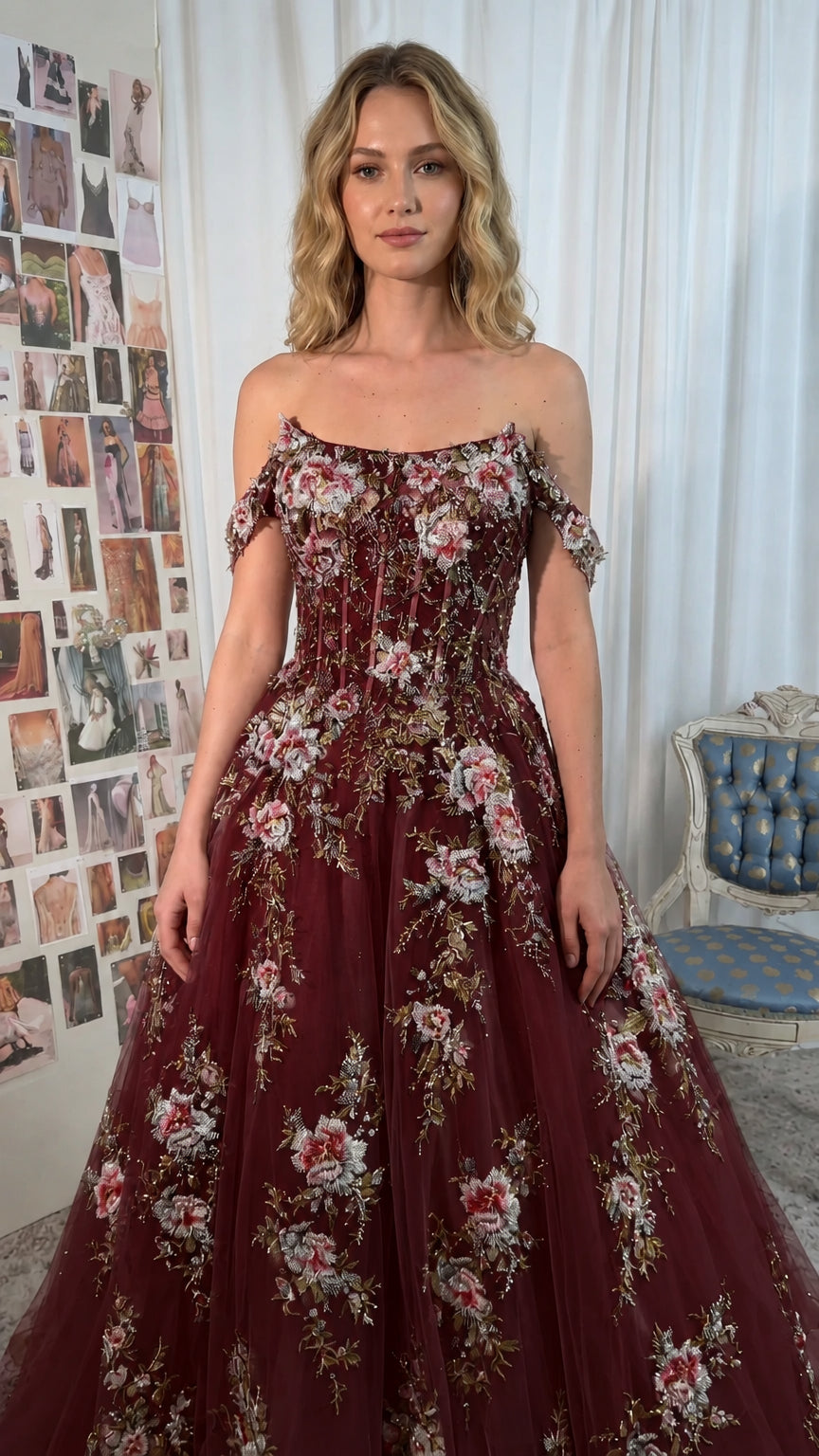 Front view of Burgundy wine red embroidered corset formal evening gown
