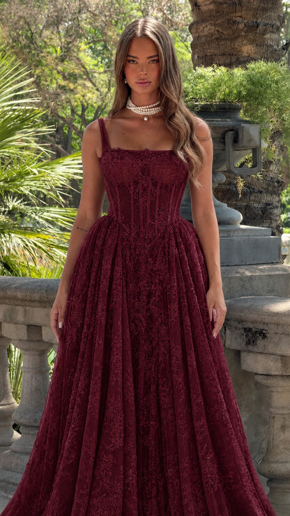 Burgundy red lace corset formal ballgown