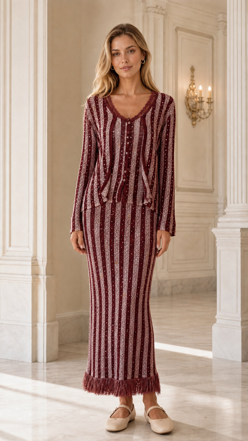 Full front view of model wearing burgundy wine striped sequin knit two-piece set