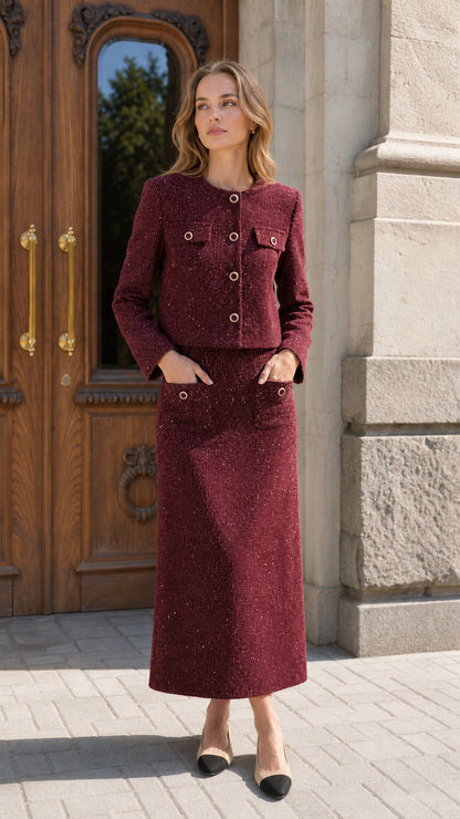 Woman wearing burgundy wine red tweed jacket and long skirt set