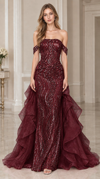 Front view of model wearing Burgundy wine sequined floor-length formal gown with ruffle accents