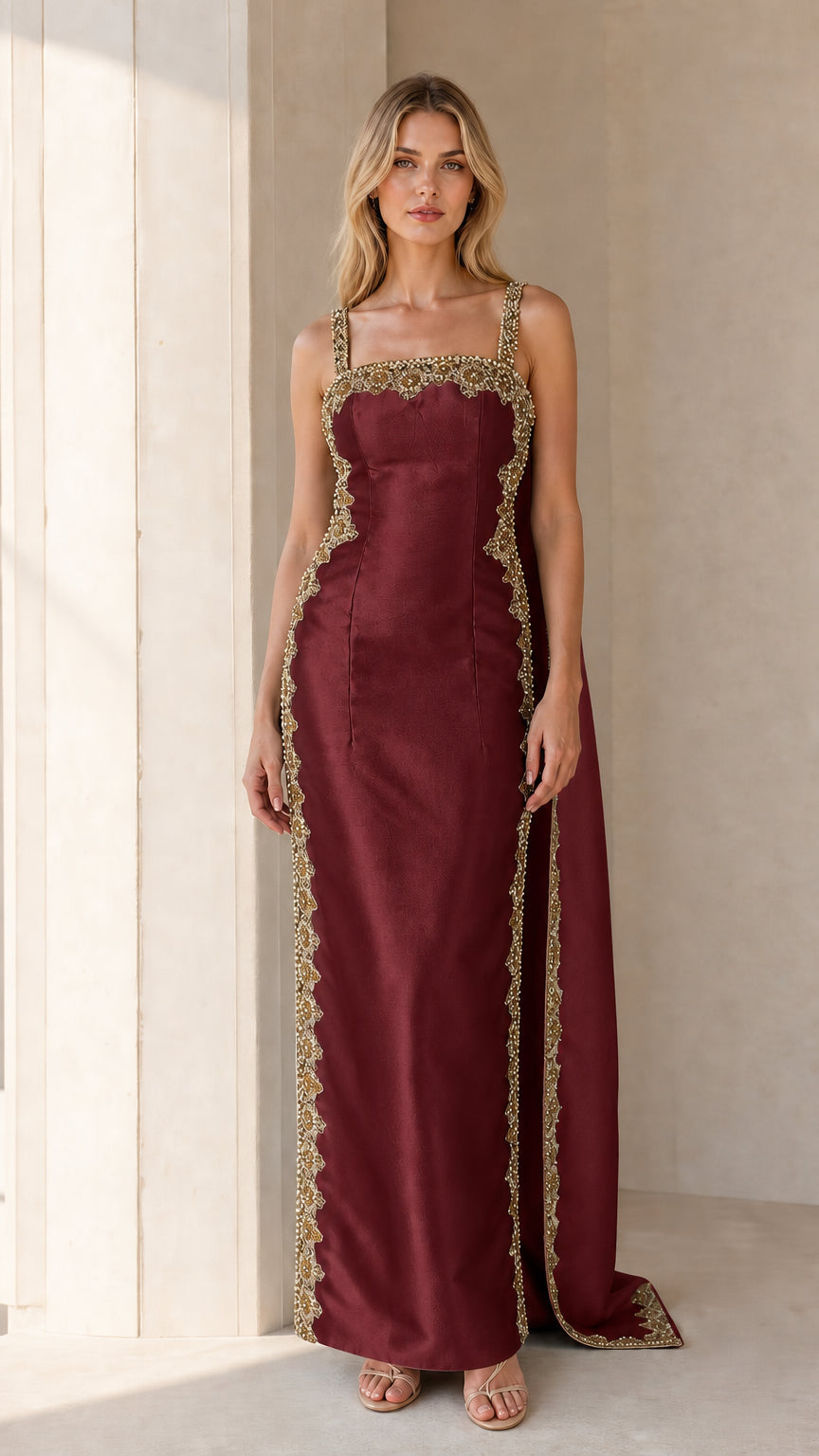 Front view of Burgundy embellished cape maxi dress