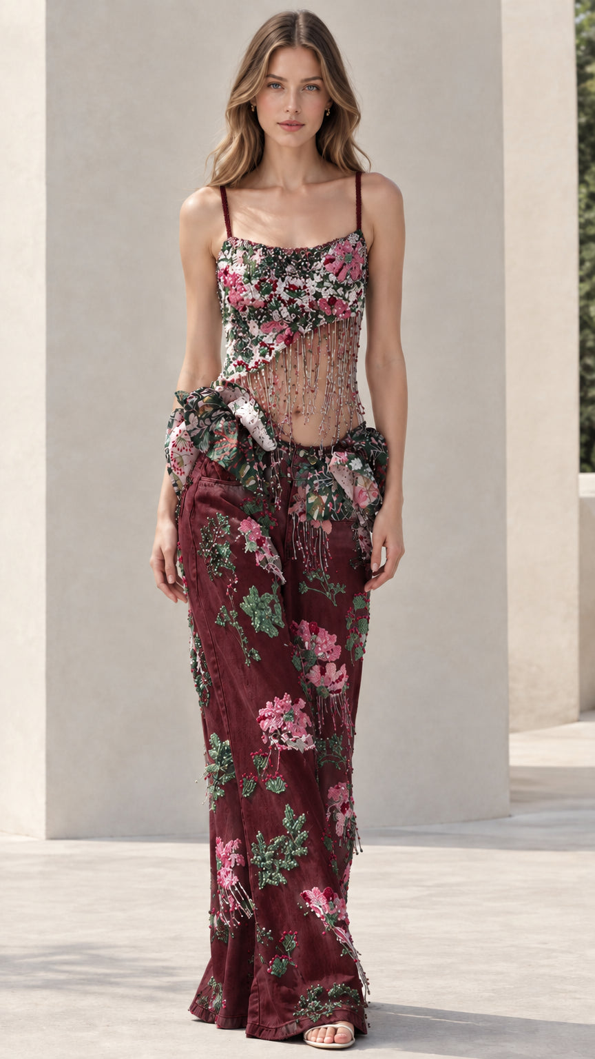 Burgundy wine red floral beaded cami top and wide leg pants set