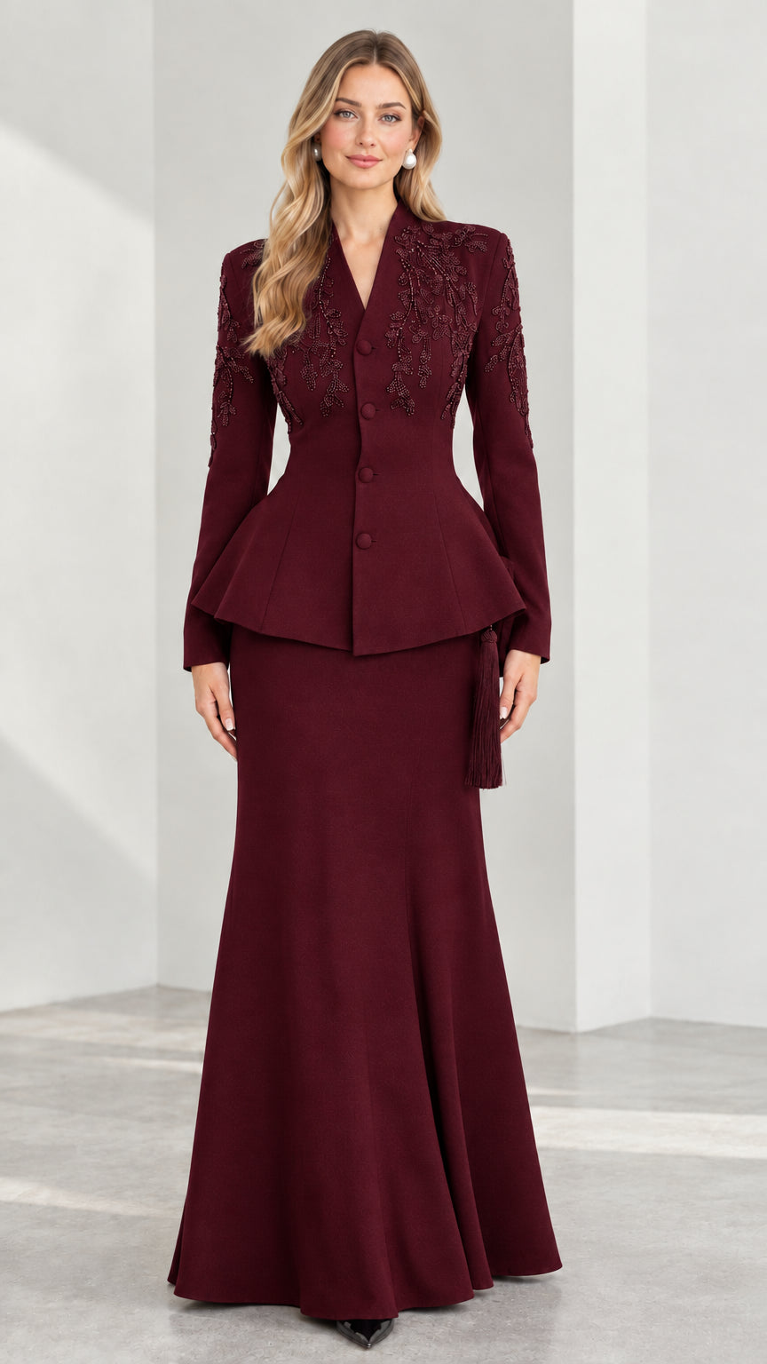Front view of burgundy wine red beaded peplum evening skirt suit set