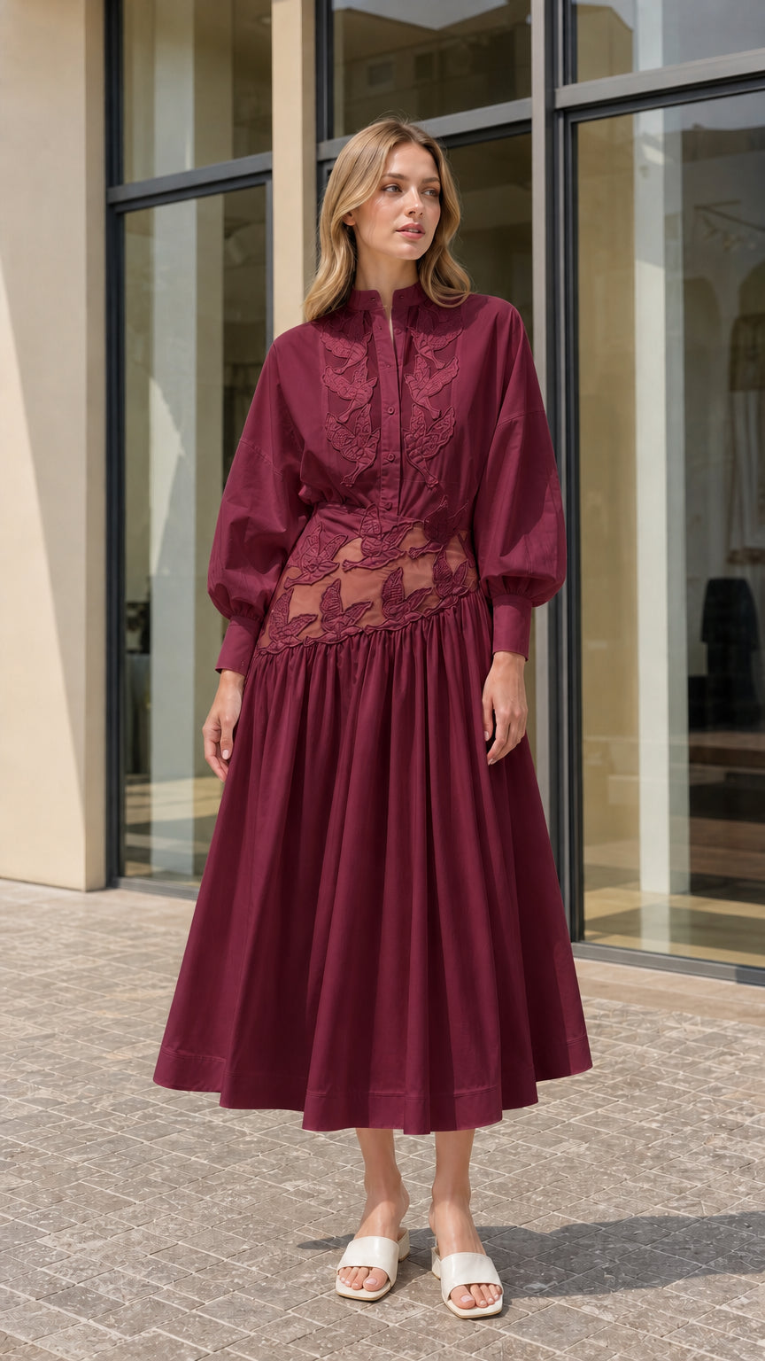 Model wearing burgundy wine red cutout embroidered midi dress