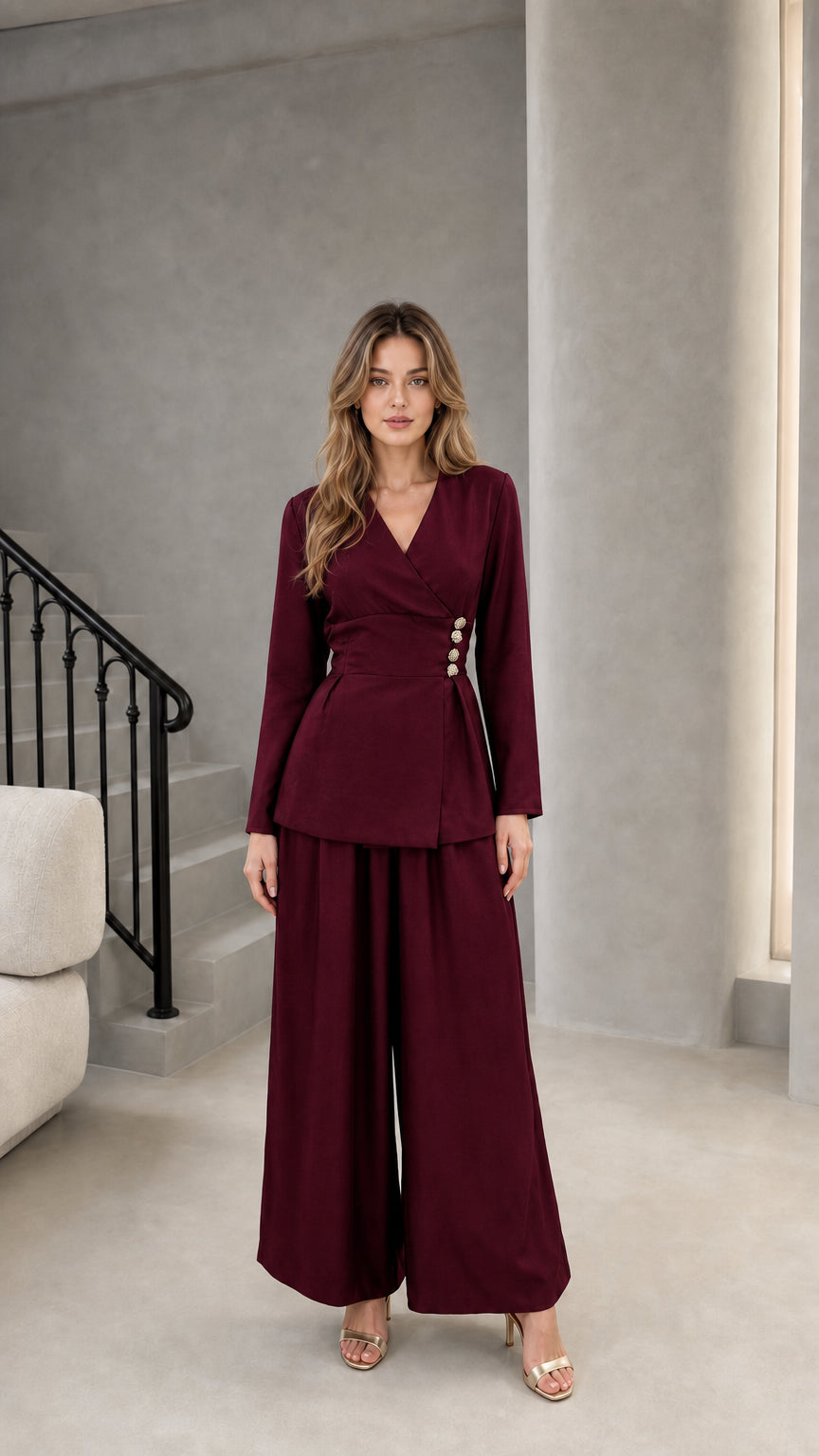 Model wearing burgundy wine two-piece wrap tunic and trouser set