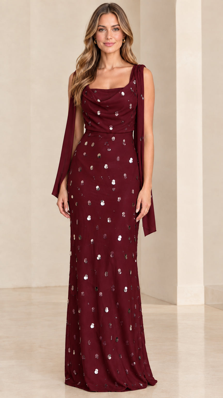 Burgundy wine red sequined cowl neck formal evening dress
