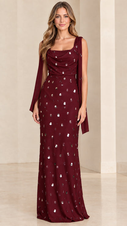 Burgundy wine red sequined cowl neck formal evening dress