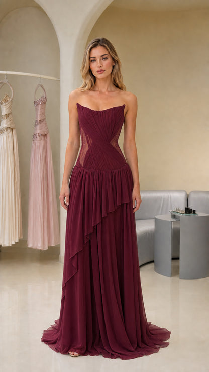 Front view of burgundy strapless evening gown