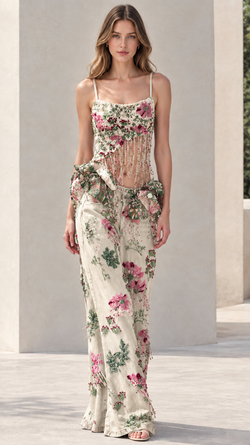 Cream off-white floral beaded cami top and wide leg pants two-piece set