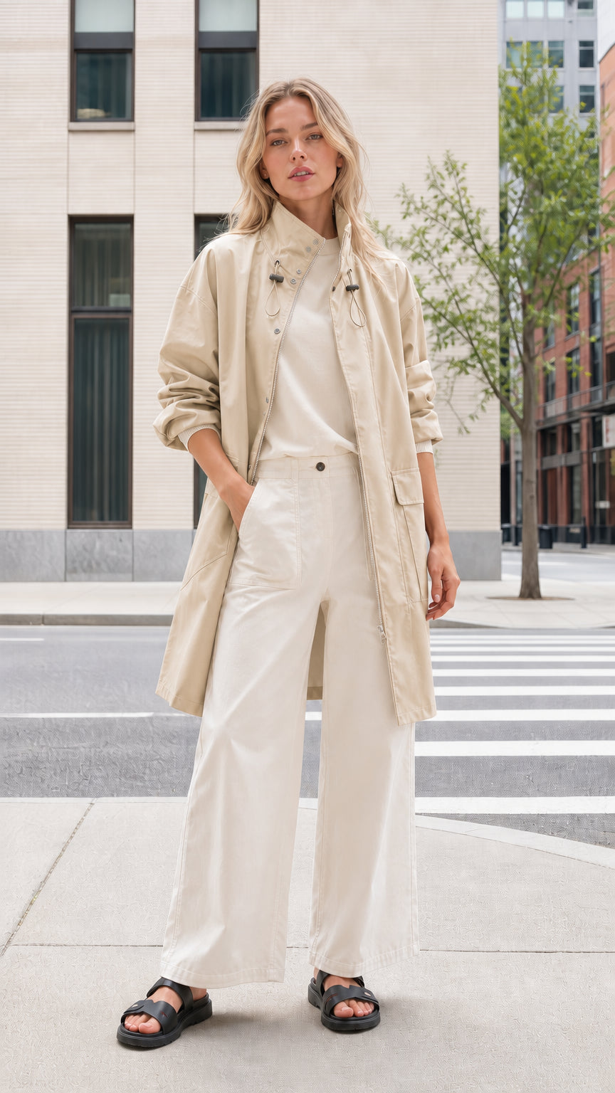 Front view of woman wearing beige mid-length utility parka coat