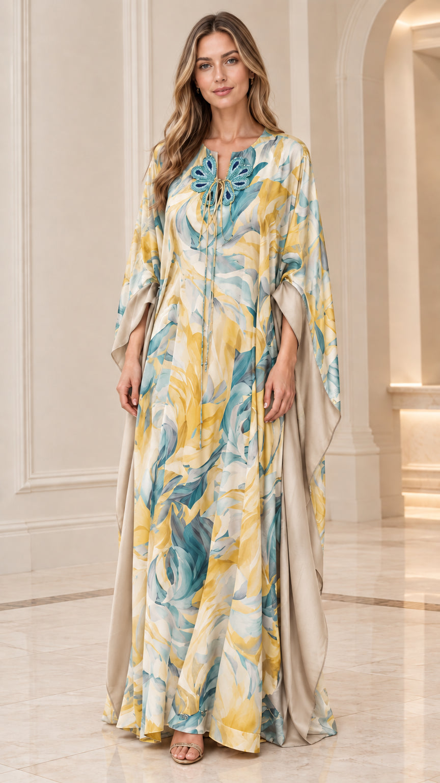 Full-length front view of champagne yellow floral caftan maxi dress