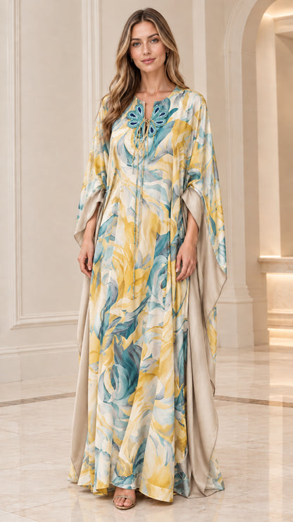 Full-length front view of champagne yellow floral caftan maxi dress
