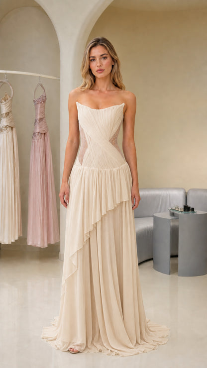 Front view of champagne strapless evening gown