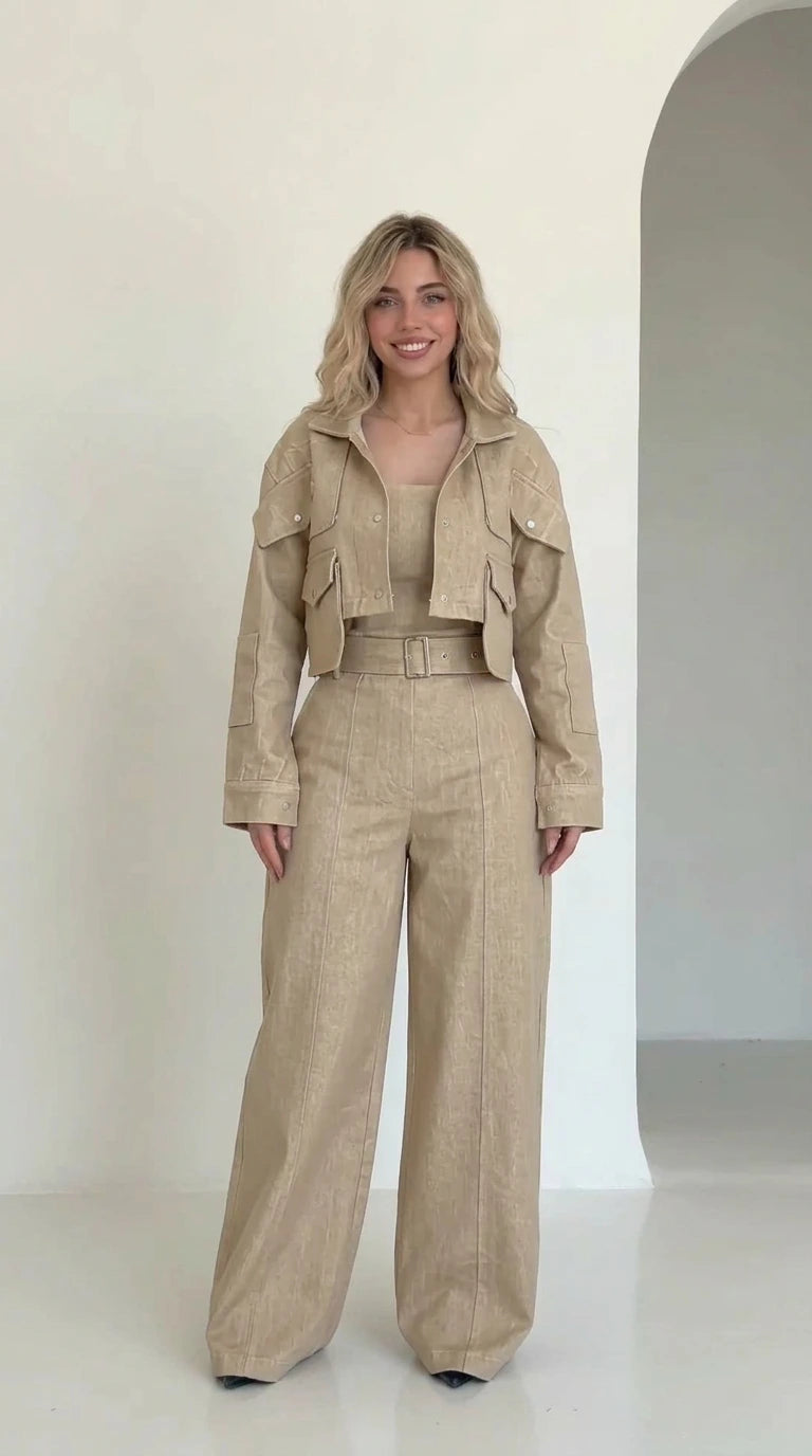 Full front view of khaki beige cropped utility jacket and wide-leg pant set