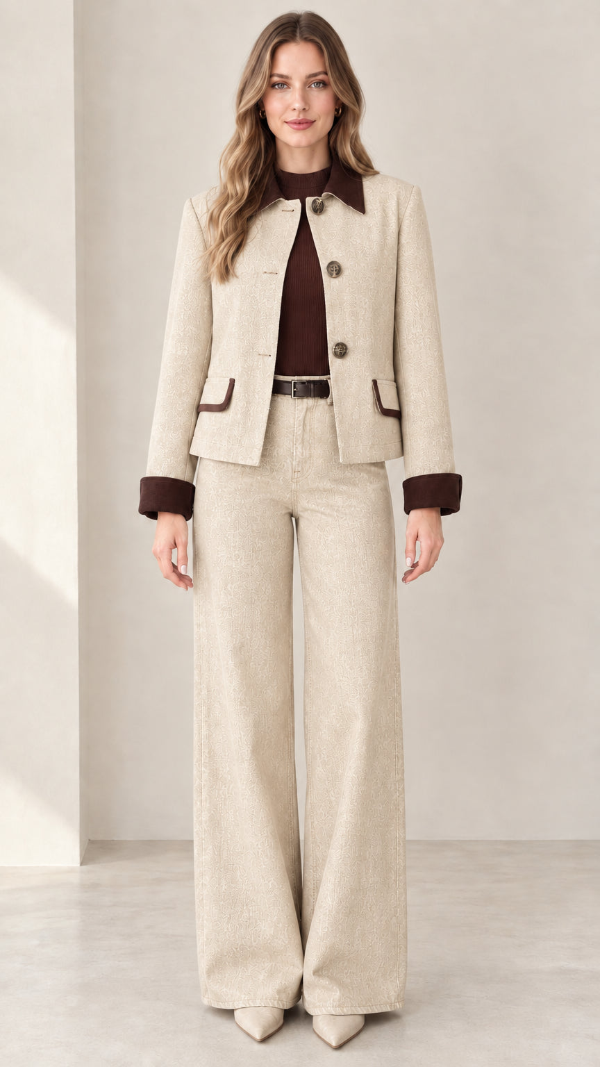 Model wearing Beige cream two-piece denim pant suit with brown trim