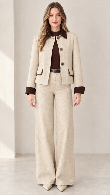 Model wearing Beige cream two-piece denim pant suit with brown trim