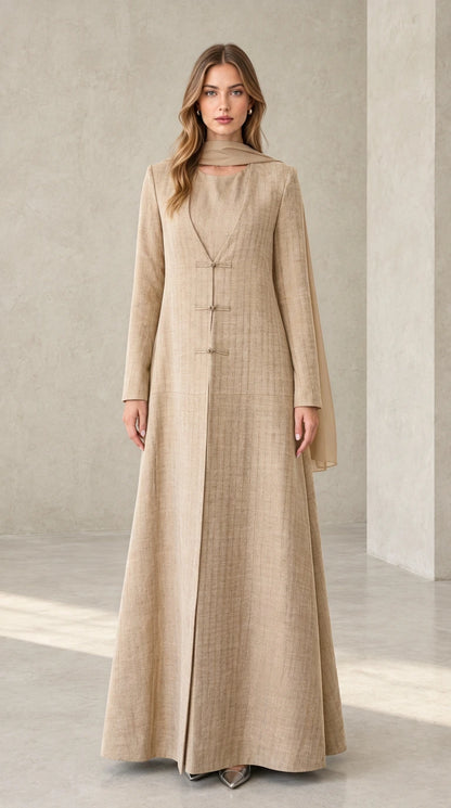 Oatmeal Beige neutral textured long sleeve maxi dress with matching scarf
