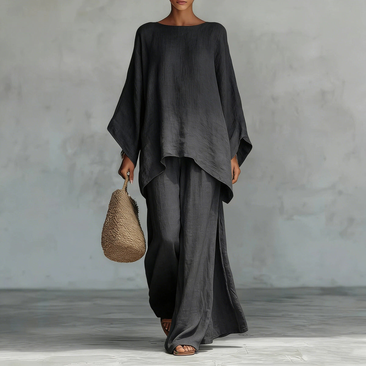 Relaxed Linen-Look Poncho Top & Wide-Leg Pants Set