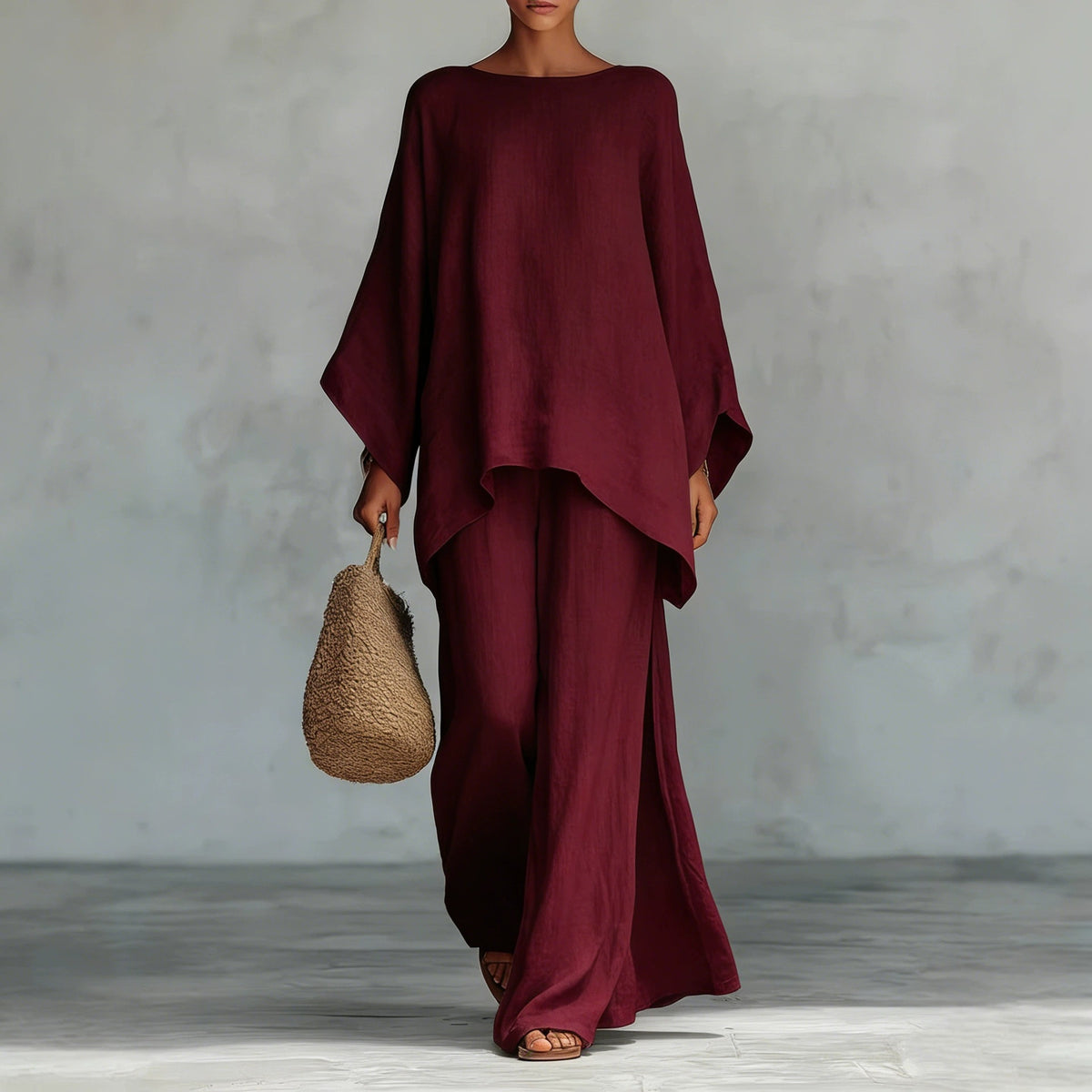 Relaxed Linen-Look Poncho Top & Wide-Leg Pants Set